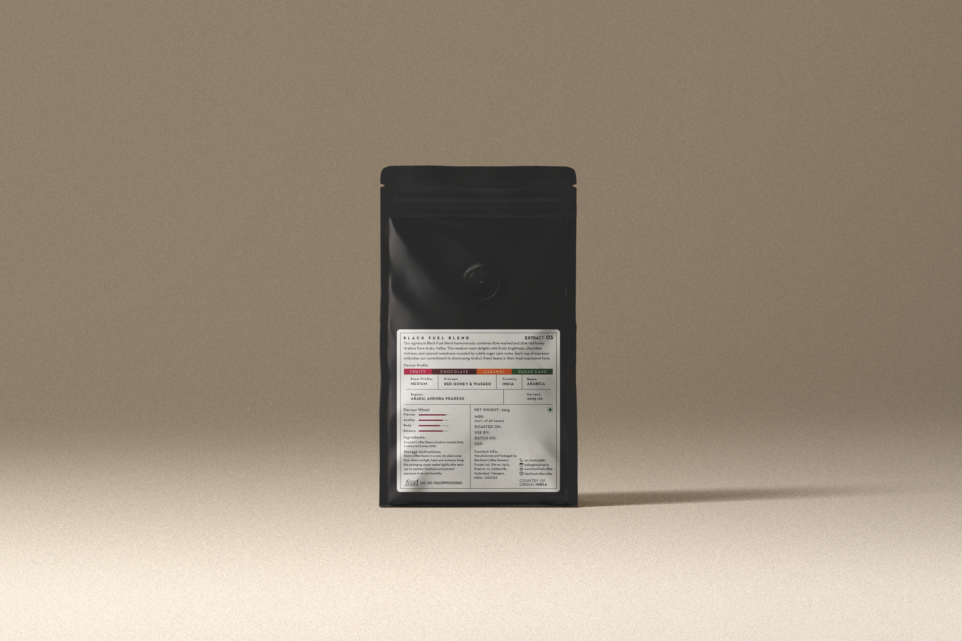 Black Fuel red honey processed coffee packaging detail