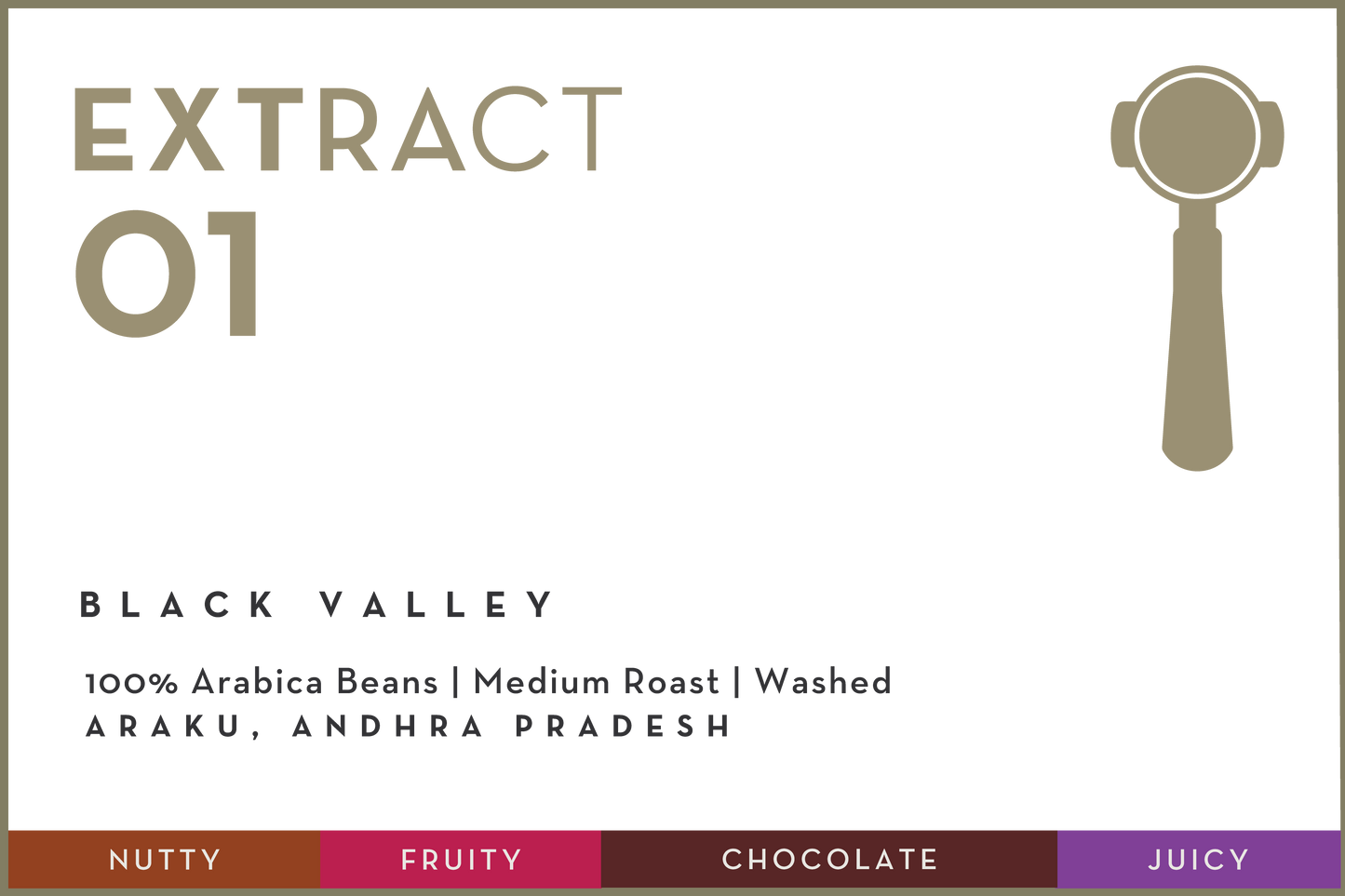 Coffee extract label for 'Black Valley' with roast and origin details.
